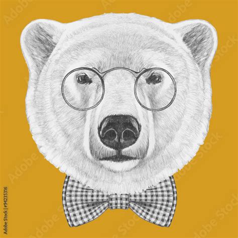 Portrait Of Polar Bear With Glasses And Bow Tie Hand Drawn