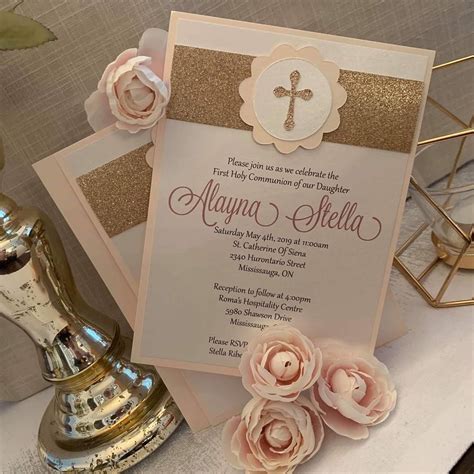 Rose Gold Glitter Blush Pink First Communion Invitations First