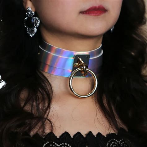 2018 luxury holographic choker necklace women round pu leather chocker handmade laser chocker