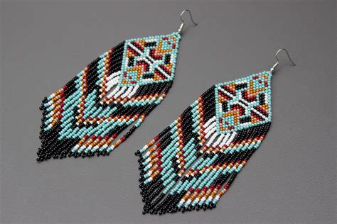 Turquoise Native American Beaded Earrings Large Dangle Seed Bead