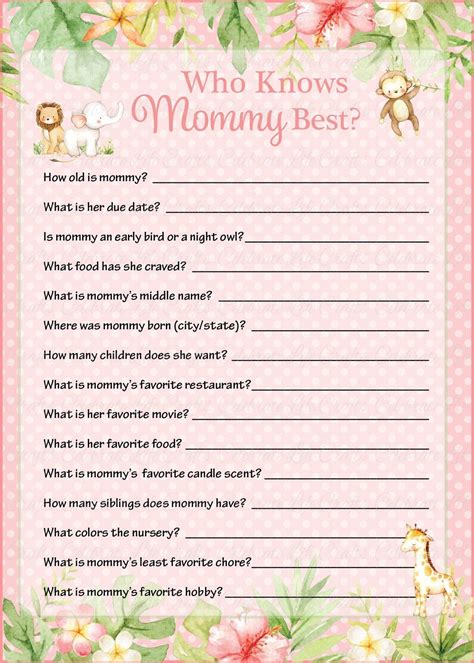 Who Knows Mommy Best Game Printable Download Pink Safari Baby