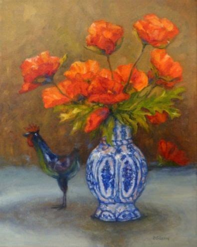Poppies With Blue Vase Oil Painting Flowers Art Still Life Botanical