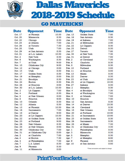 Mavericks Printable Schedule Printable Schedule