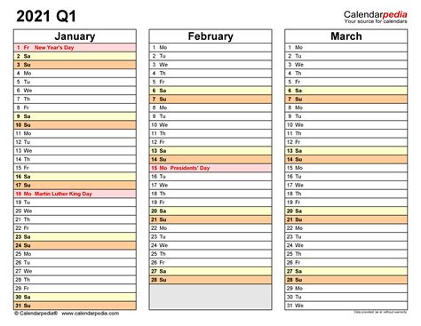 Quarterly Calendars 2021 Free Printable Excel Templates