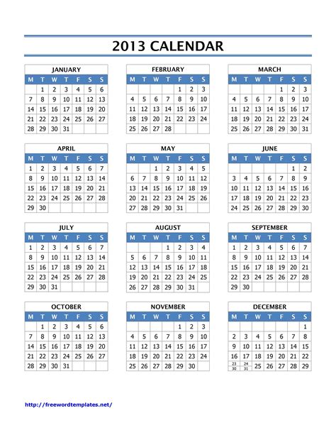 2013 Year Calendar Template