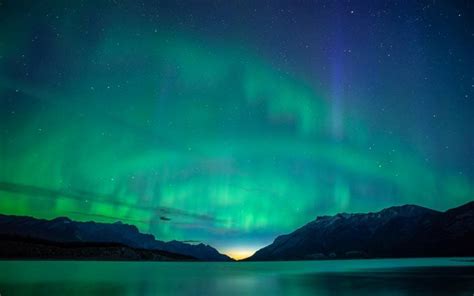 Canada Abraham Lake Mountains Northern Lights Night Alberta