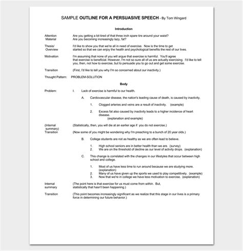 The first stage of the outline for persuasive speech is to state the major idea and communicate it step by step. Persuasive Speech Outline Template - 15+ Examples, Samples ...