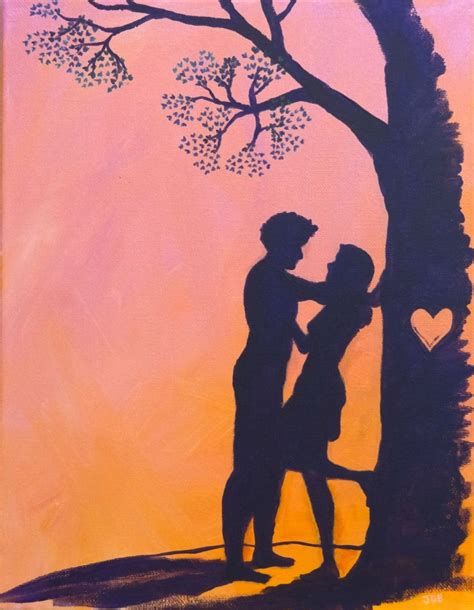 Cute Romantic Love Couple Silhouette Valentine Heart Pink Orange Sunset Acrylic Painting 5 X 7