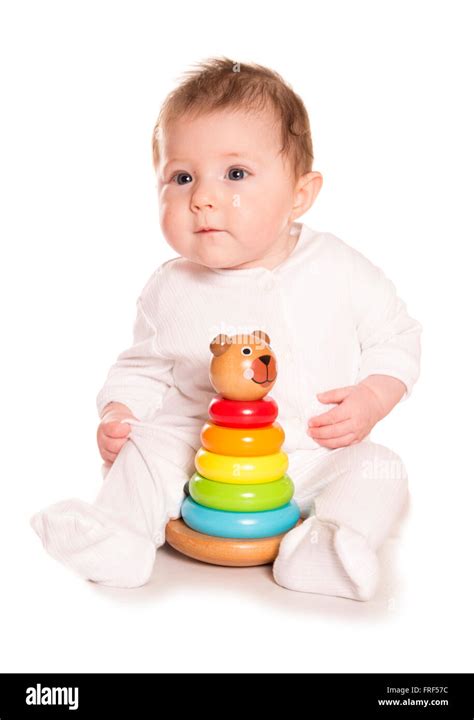 Baby With Wooden Stacking Toy White Background Stock Photo Alamy