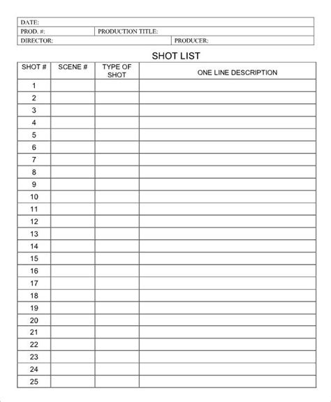 sample shot list templates   excel