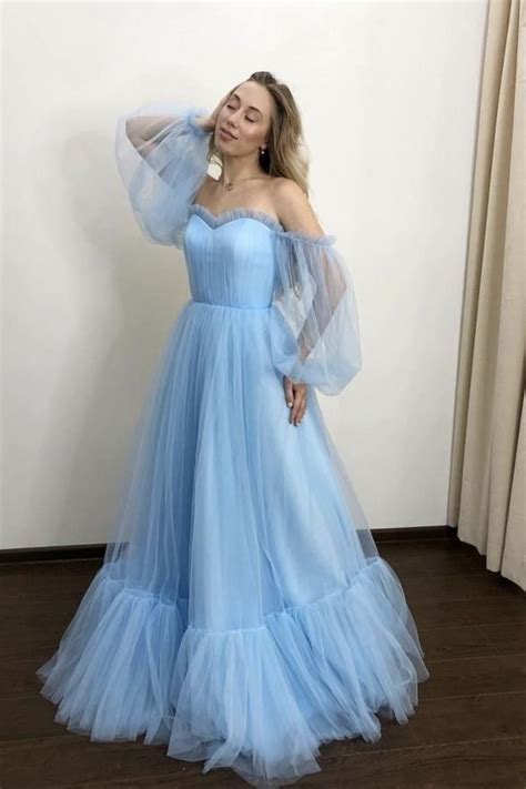 Puffy Sleeve Light Blue Tulle Prom Dresses Long Evening Gown Uh982 In