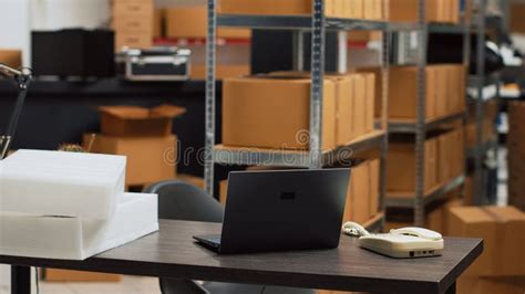 Empty Warehouse Depot With Logistics Desk And Racks Stock Image Image