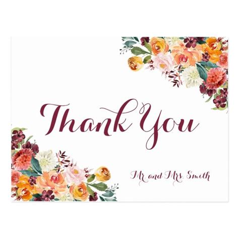 Thank your guests in style with our unique cards printed on luxe paper. Fall Flower Wedding Thank You Postcards, Orange Postcard | Zazzle.com | Wedding thank you ...