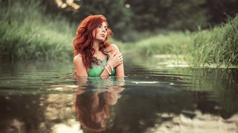 Women Model Sergey Shatskov Women Outdoors Redhead Nipple Bulge Water Nature Px