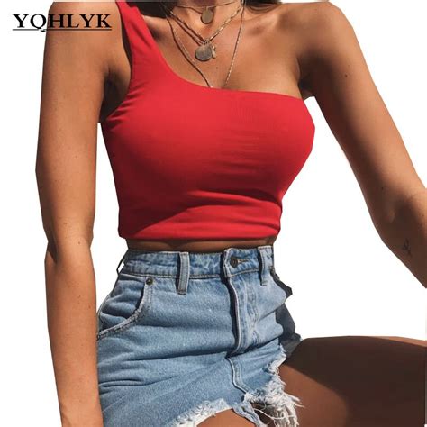 Summer Womens Sexy One Shoulder T Shirt Pure Color Belly Navel Tight