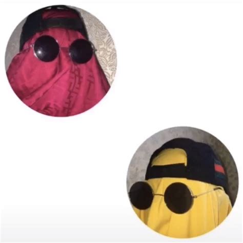 Two Round Buttons With Sunglasses And A Hat On Each One Both In