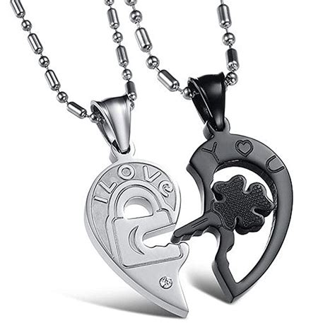 buy couples necklace for him and her broken heart puzzle key and heart engraved titanium cubic