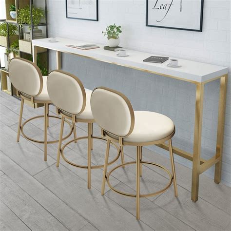 Modern Counter Height Bar Stool With Back Beige Faux Leather Upholstery