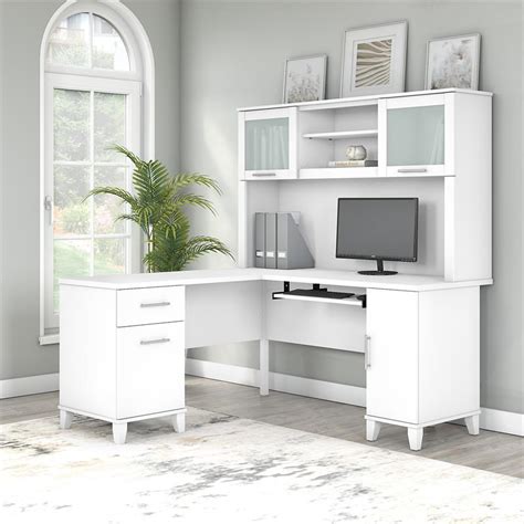 Somerset 60w L Shaped Desk With Hutch In White Engineered Wood