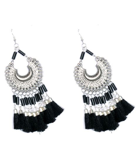 Stylish And Antique Chandbali Silver Oxidised Hook Earring With Tussal