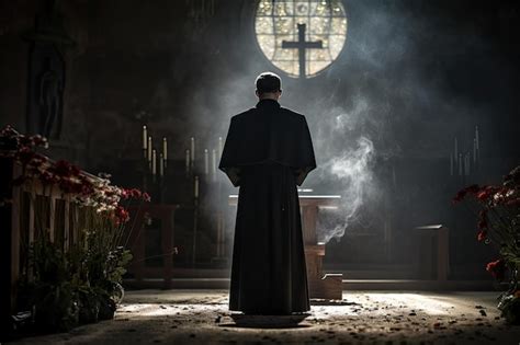 Premium Ai Image Christian Priest Standing By The Altar Back View