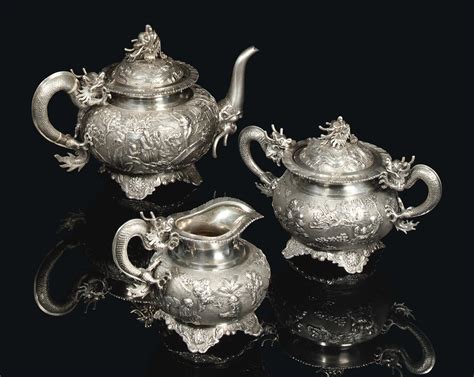 A Chinese Silver Three Piece Tea Set Circa 1900 Christies