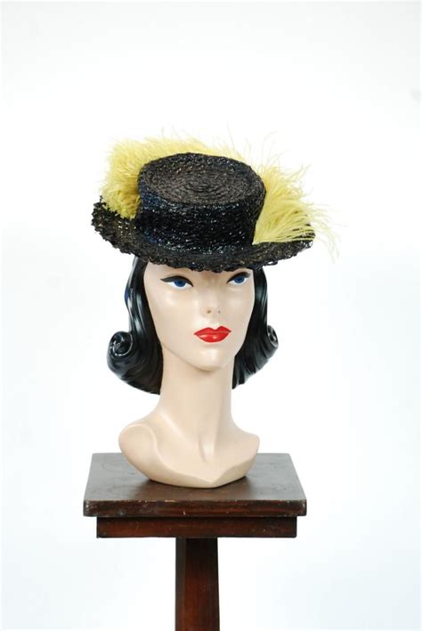 vintage 1940s tilt hat jaunty black cellophane 40s tilt topper with huge chartreuse feather