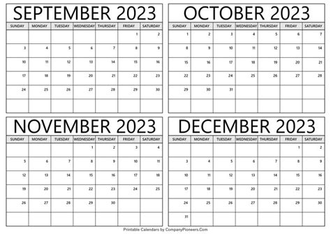 September To December 2023 Calendar Printable Template