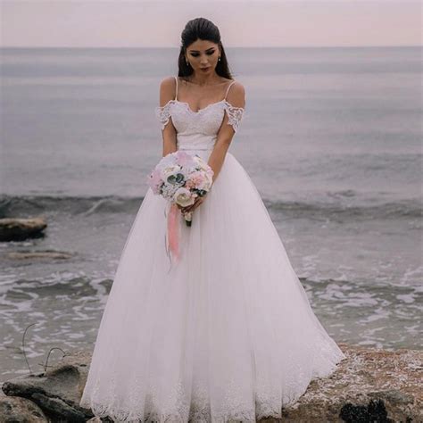 Elegant White A Line Boho Beach Wedding Dresses Spaghetti Straps Off Shoulder Lace Bodice Bridal
