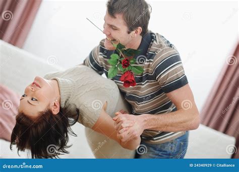 Romantic Young Couple Dancing With Rose Stock Image Image Of Couple