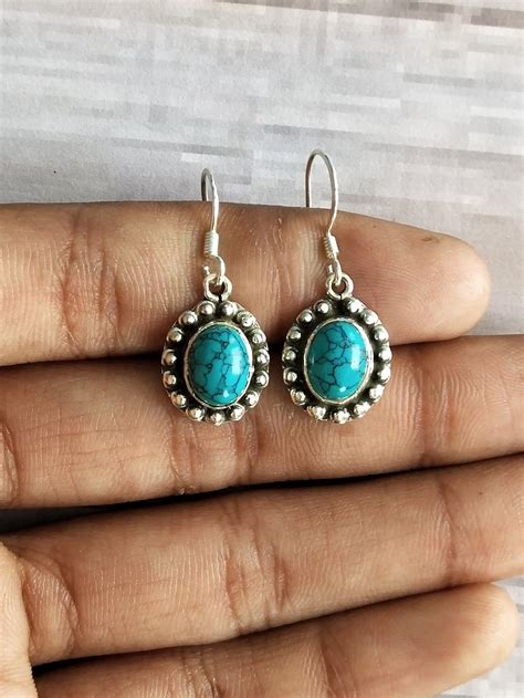 Natural Turquoise Gemstone Earrings Sterling Silver Etsy Uk