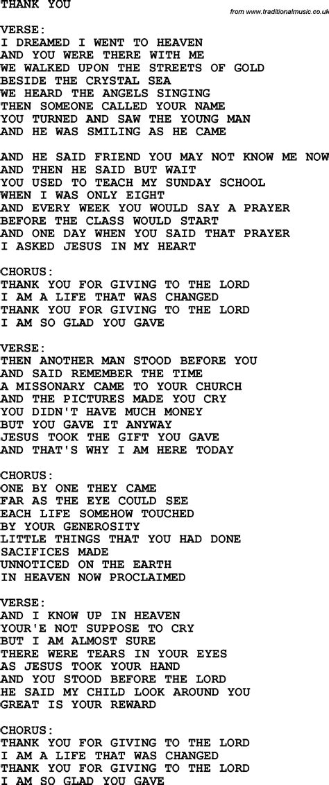 Country Southern And Bluegrass Gospel Song Thank You Lyrics