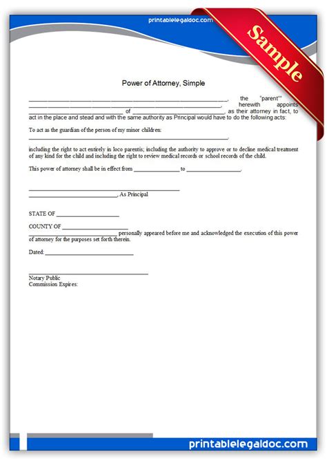 Free Printable Power Of Attorney Simple Form Generic