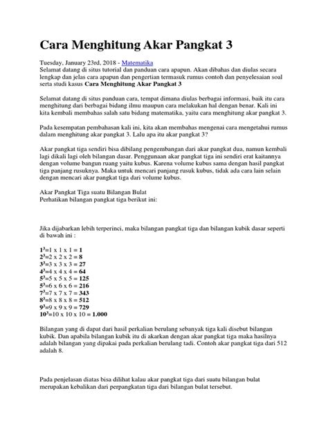 Pengertian akar pangkat 3 (cubic root), cara menghitung akar pangkat 3 (metode ekstraksi) , akar pangkat 3 tidak sempurna, dan contohnya. 12++ Contoh Soal Bilangan Pangkat Dua Dan Tiga - Kumpulan ...