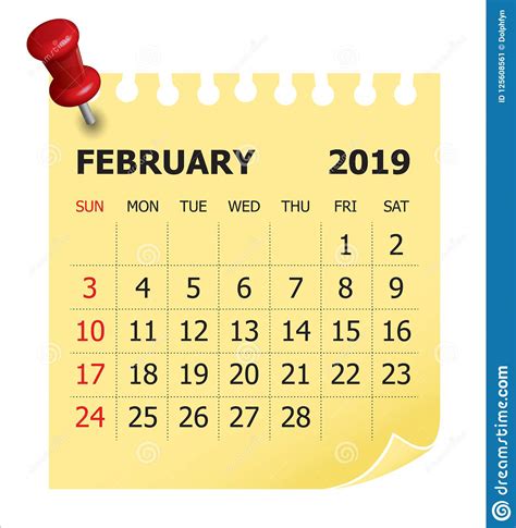 February 2019 Monthly Calendar Vector Illustration Stock Vector