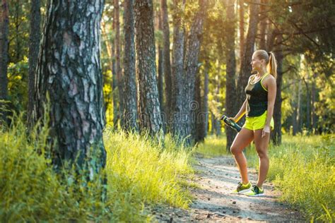 Beautiful Blonde Athletic Woman On A Run In The Forest Stock Image Image Of People Girl