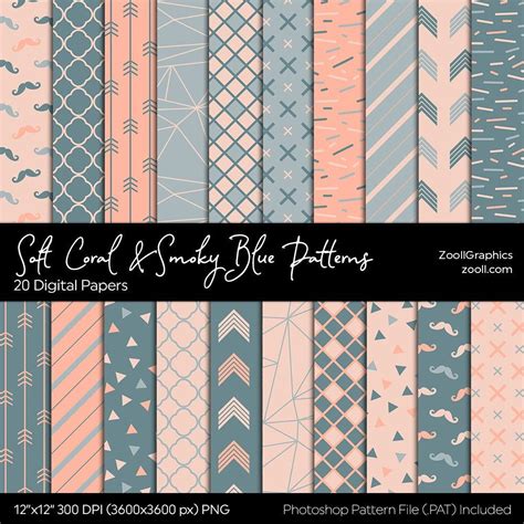 Soft Coral And Smoky Blue Patterns Digital Paper 20 Digital Etsy