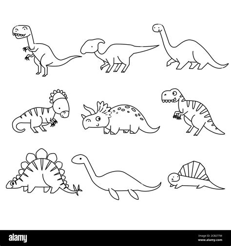 Set Of Cartoon Dinosaurs Cute Dino Black And White Vector Illustration For Coloring Book Stock