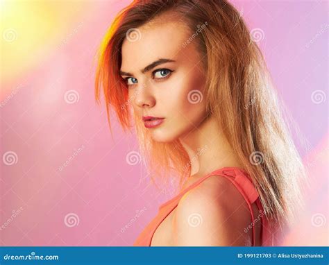 Beautiful Girl With Makeup In Colorful Lights Stock Image Image Of