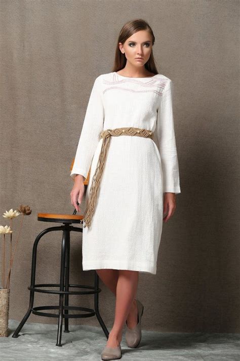 White Elegant Linen Dress With Unique Belt C559 Dresses Linen Dress