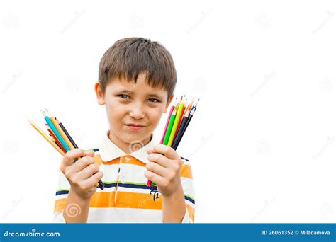 Boy With Colored Pencils Stock Photo Image Of Crayon 26061352