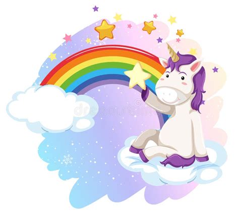 Cute Unicorn Sitting On A Cloud With Rainbow Stock Vector