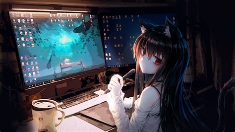 Download 2500x1407 Anime Cat Girl Room Computer Animal