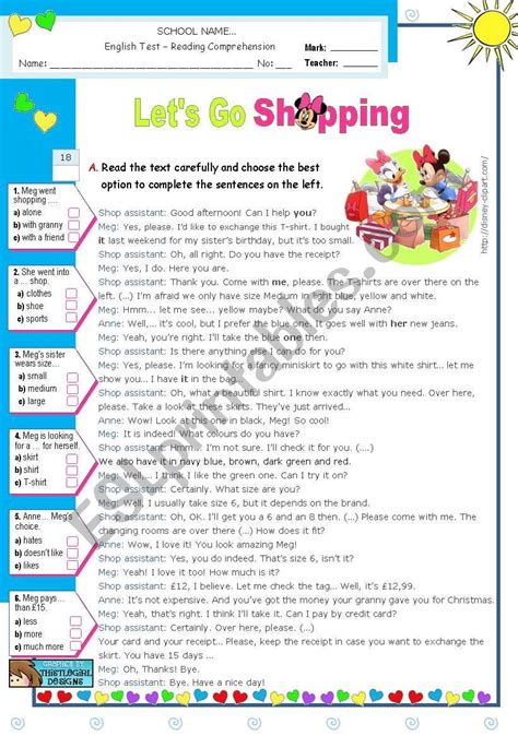 Shopping For Clothes Reading Comprehension Test Esl Worksheet By Mena22