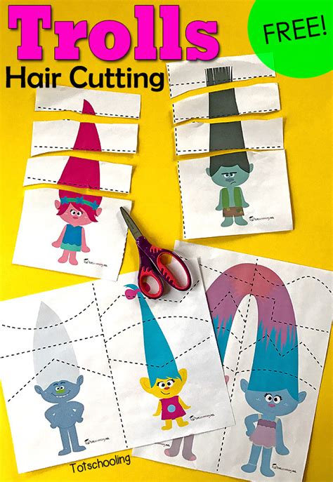 These cutting practice worksheets will help your toddler, preschool, and kindergarten children work on dexterity, scissor skills, and fine motor skills. Cutting practice with Troll printables