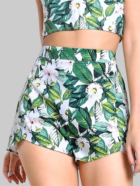 floral print high waist shorts green multi shein sheinside