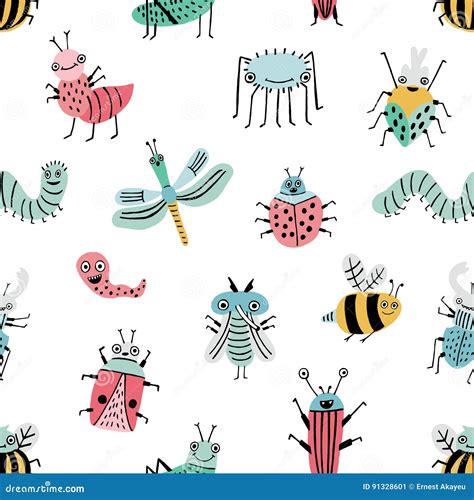 Seamless Pattern With Funny Bug Background With Happy Cartoon Insects