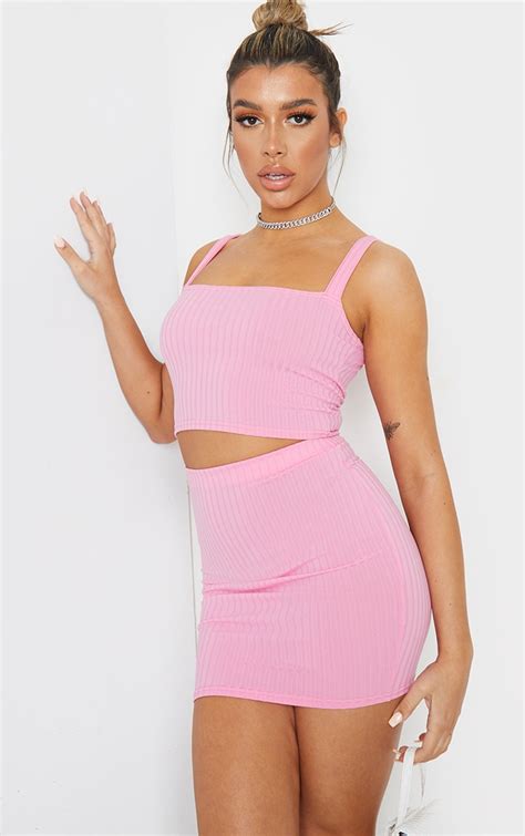 Light Pink Rib Mini Skirt Two Piece Sets Prettylittlething Usa