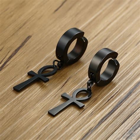 Ankh Cross Earrings For Men Black Stainless Steel Dangle Earring Labonni