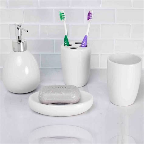 Home Basics White Ceramic Modern Bathroom Accessories 4 Piece Set